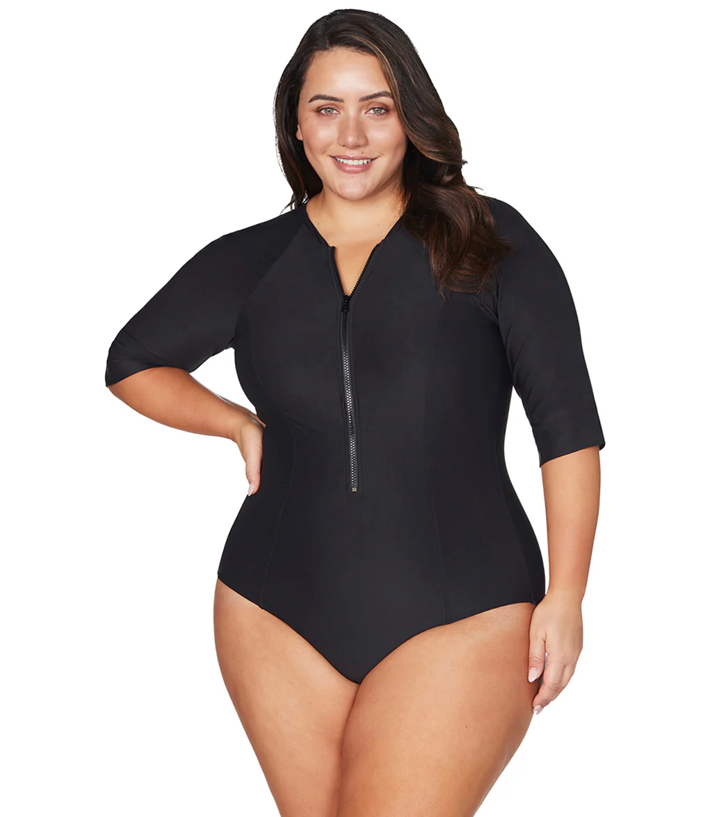 Artesands Woman's Plus Size Hues Sunsafe Mid Length Sleeve One Piece Swimsuit - Image 7