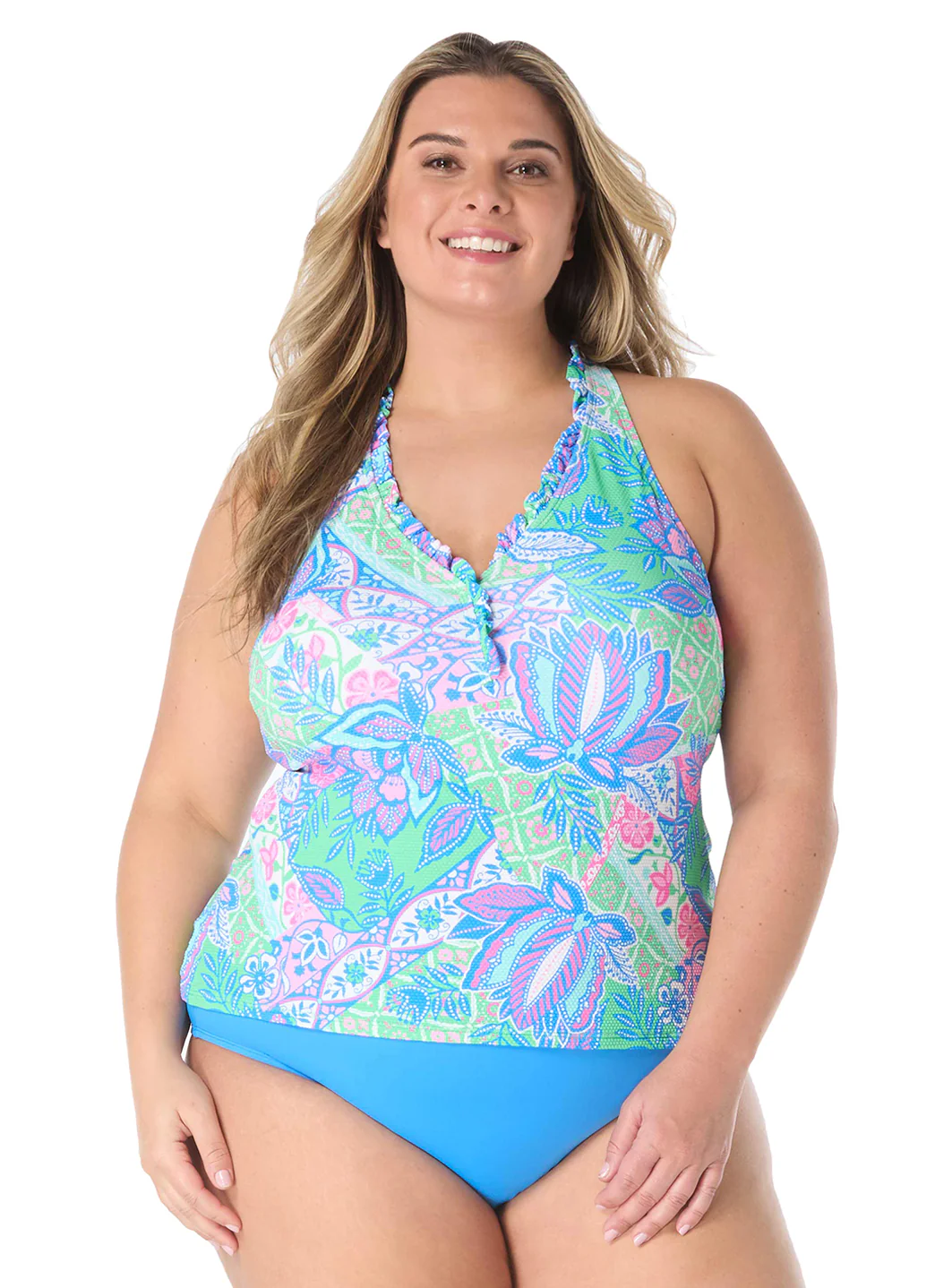 Beach House Women's Plus Size Estate Mosaic Pique Nina Ruffle Neck Tankini Top - Image 2