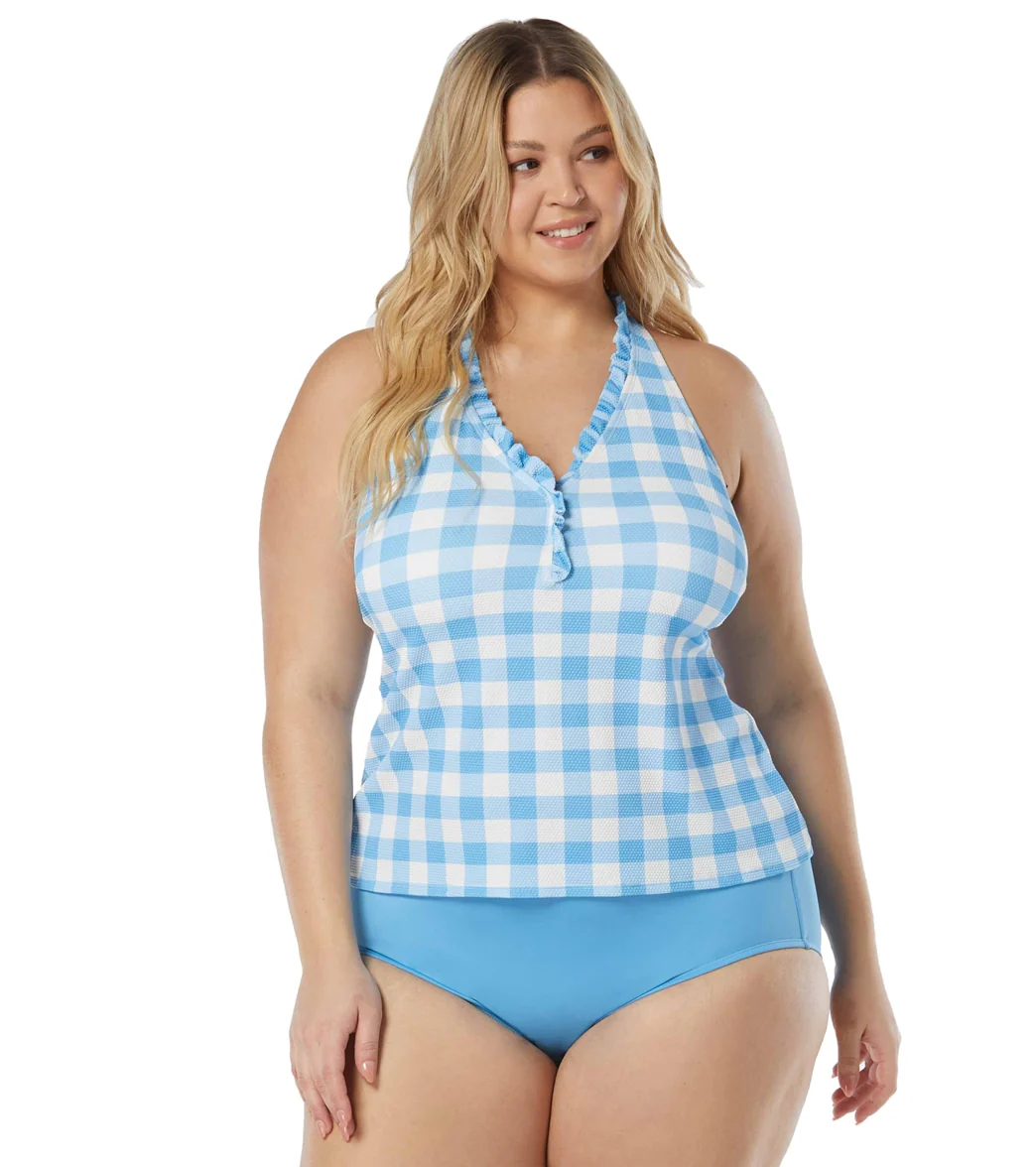 Beach House Women's Plus Size Summer Gingham Nina Racerback Ruffle Trim Tankini Top - Image 5