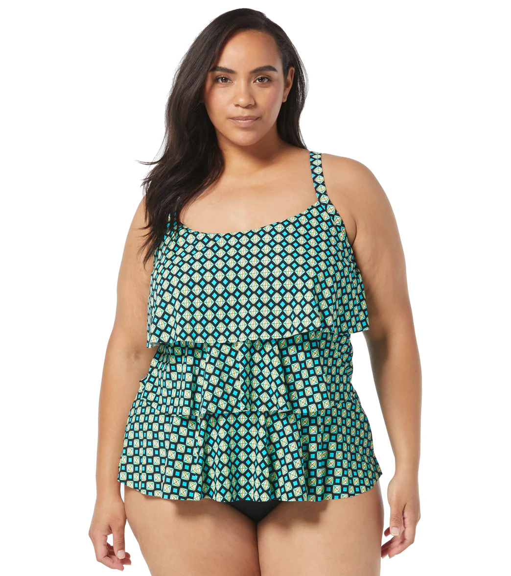 Beach House Women's Plus Size Tropic Bloom Twin Print Jane Ruffle Tankini Top - Image 4