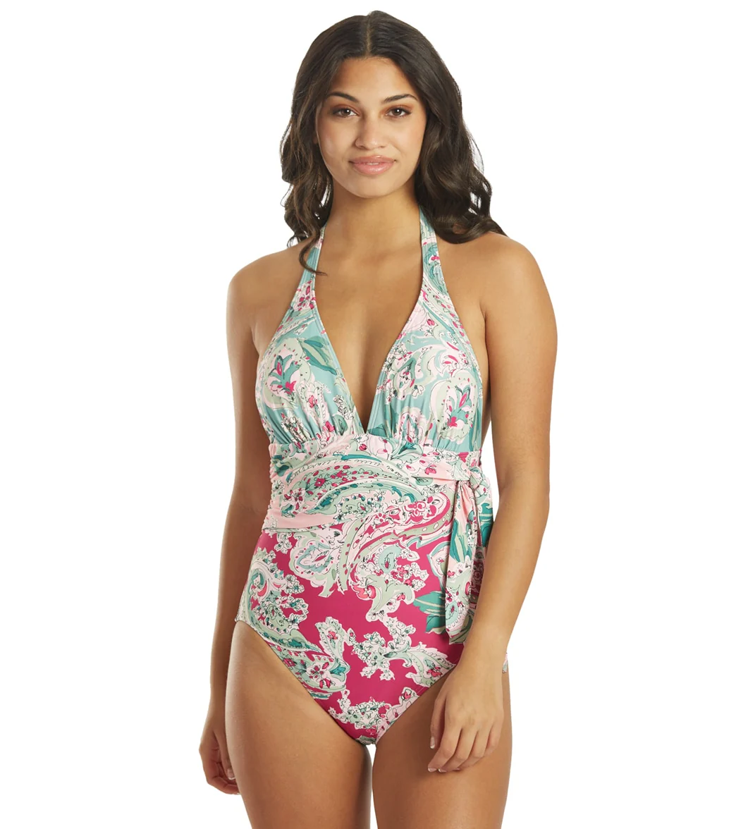 Carmen Marc Valvo Women's Bellago Paisley Scarf V Neck Halter One Piece Swimsuit - Image 8