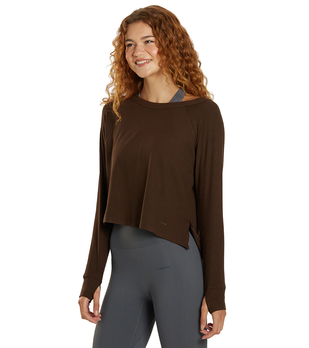 Cream Yoga Fare Drop Shoulder Crop LS Tee - Image 4