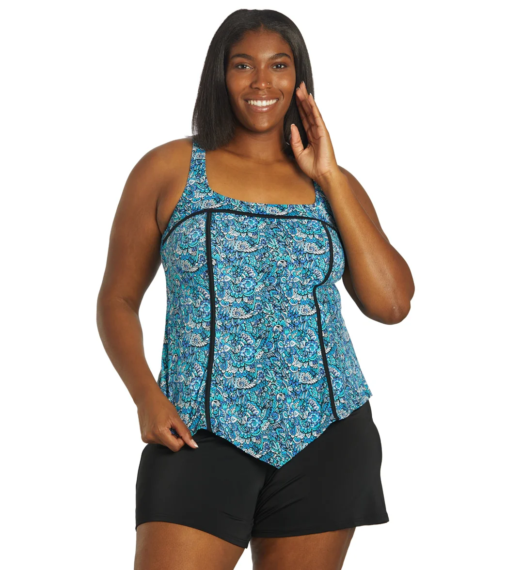 Fit4U Women's Plus Size Aquarius Square Neck V Hem Tankini Top (D/E Cup)