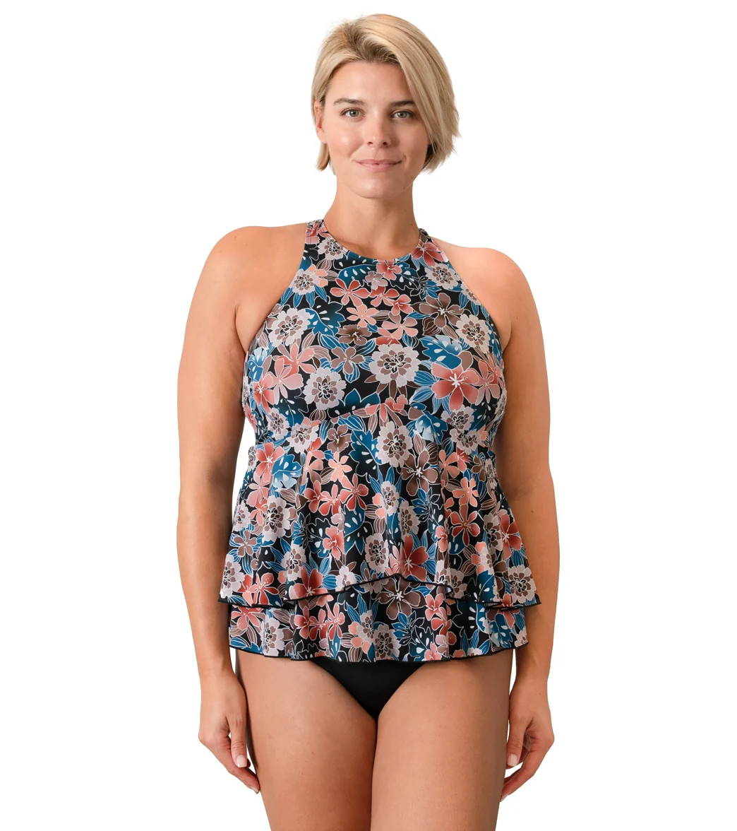 Fit4U Women's Plus Size Moon Shadow Hi Neck Two Tier Tankini Top