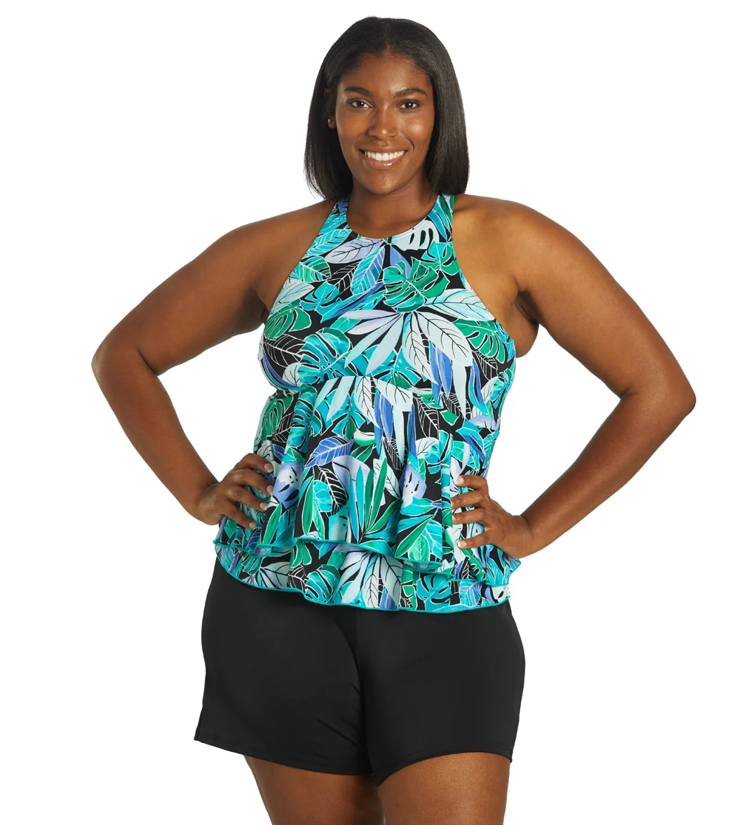 Fit4U Women's Plus Size Palms High Neck Two Tiered Tankini Top