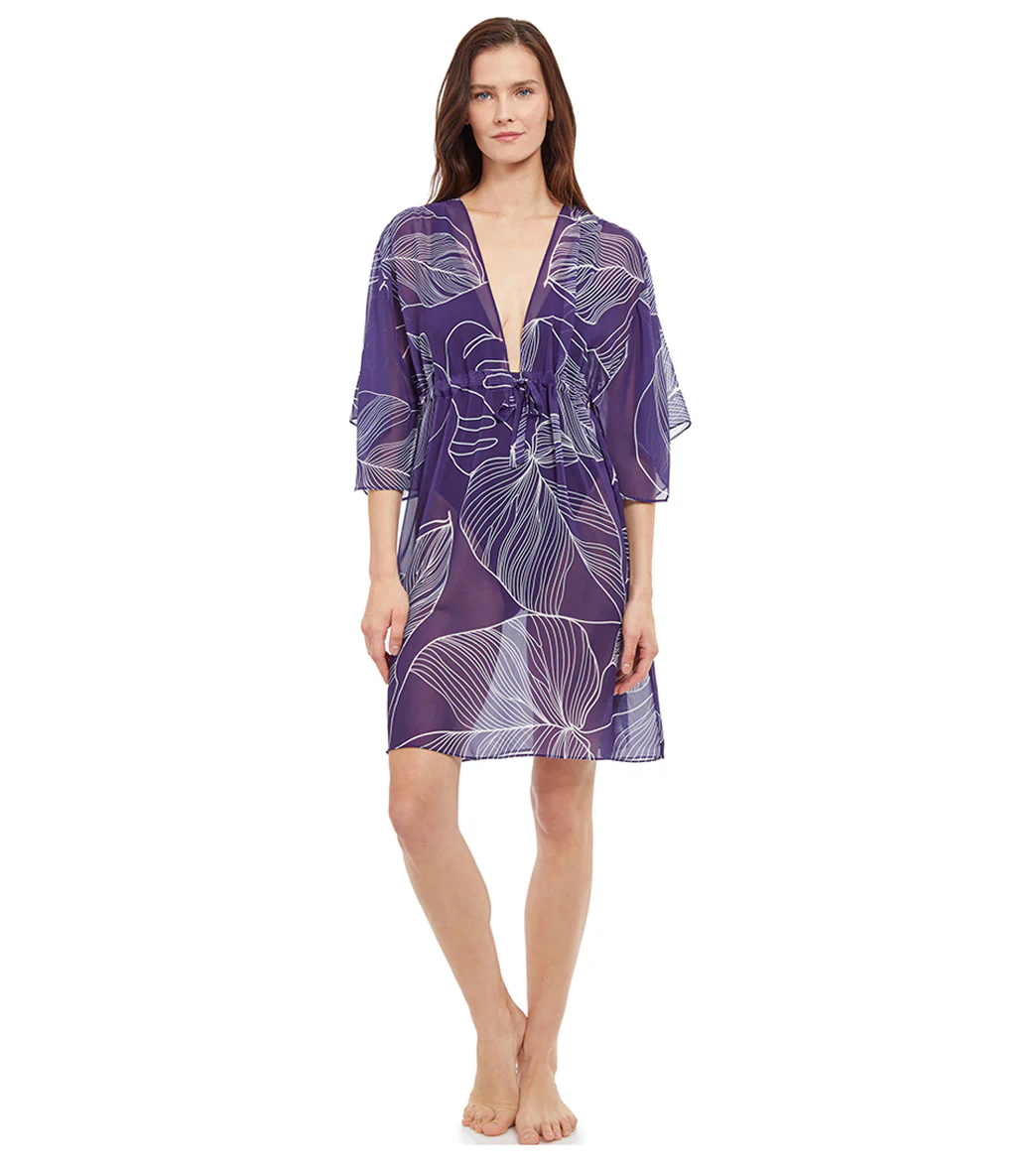 Gottex Women's Natural Essence White Etched Leaf Print Deep V Cover Up Dress