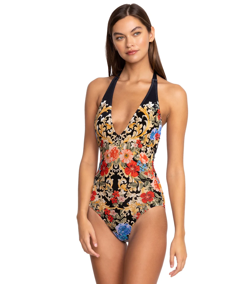 Johnny Was Women's Black Royal Print Halter One Piece Swimsuit