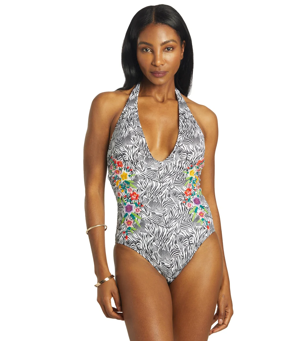 Johnny Was Women's Spring Halter Embroidered One Piece Swimsuit