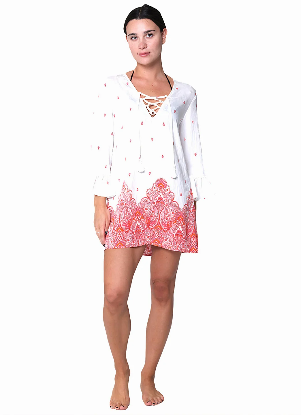 J.Valdi Women's Corsica Ruffle Sleeve Lace Neck Tunic Cover Up - Image 3