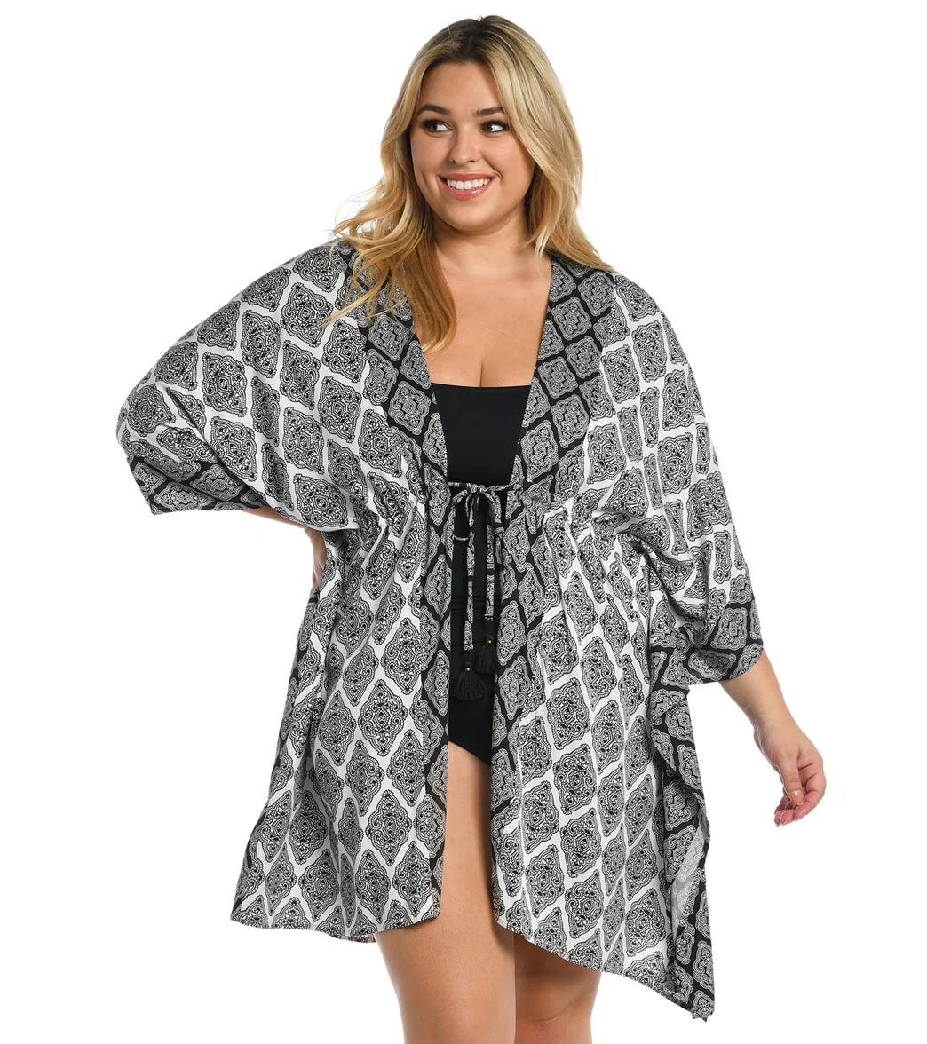 La Blanca Women's Plus Oasis Tile Front Tie Kimono