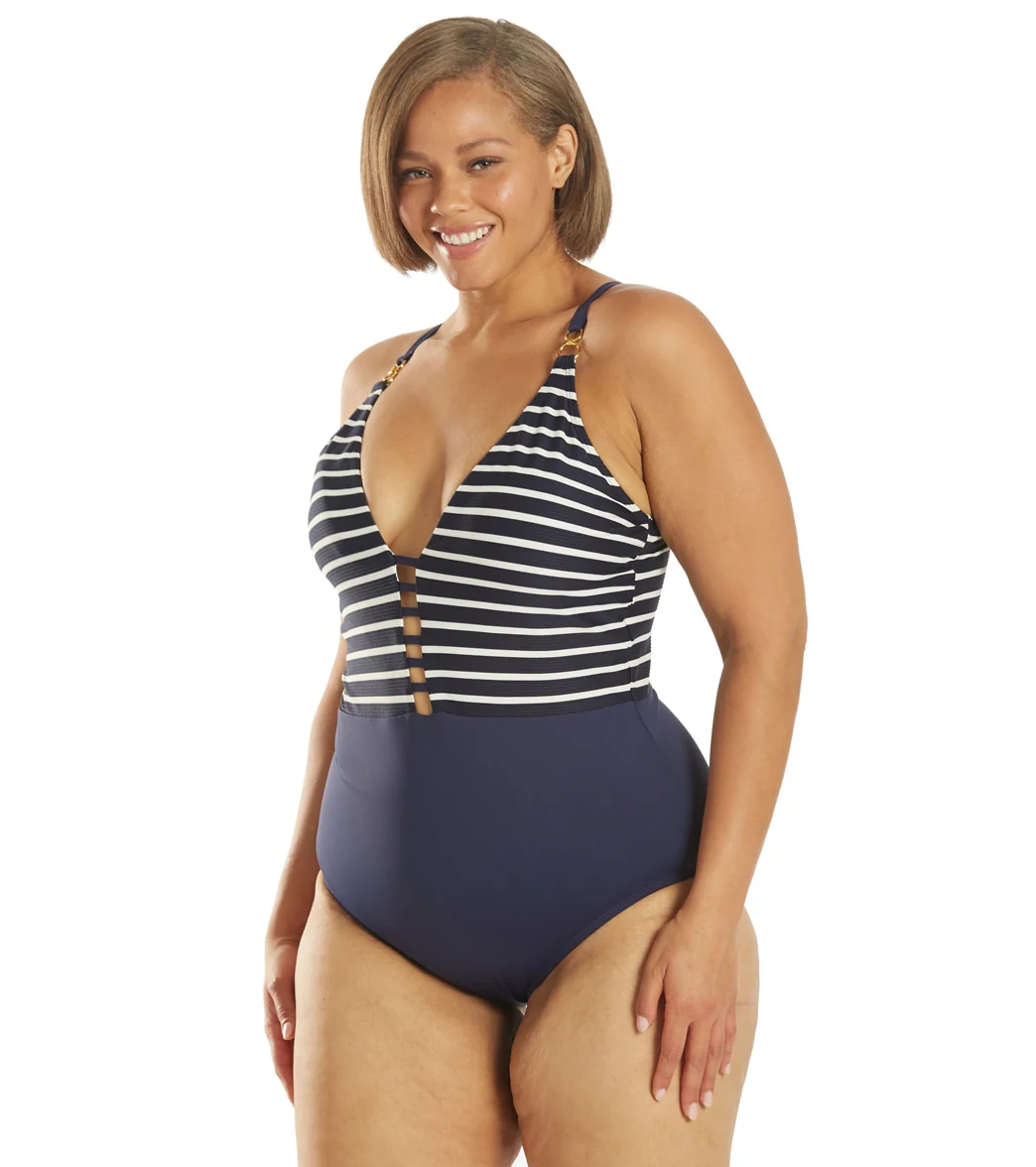 La Blanca Women's Plus Size Capri Stripe Plunge One Piece Swimsuit - Image 5