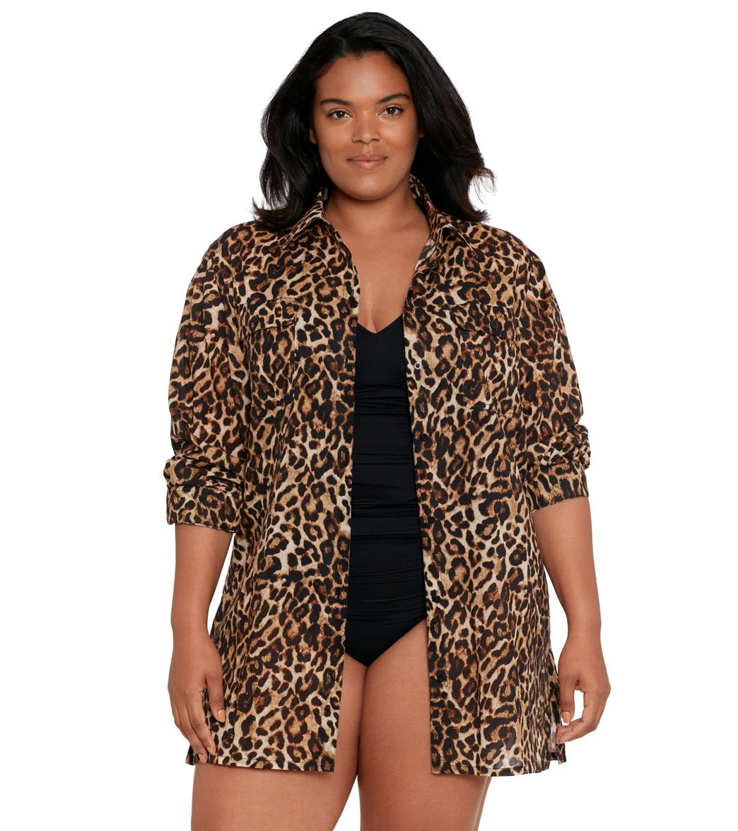 Lauren Ralph Lauren Women's Plus Size Leopard Camp Cover Up Shirt