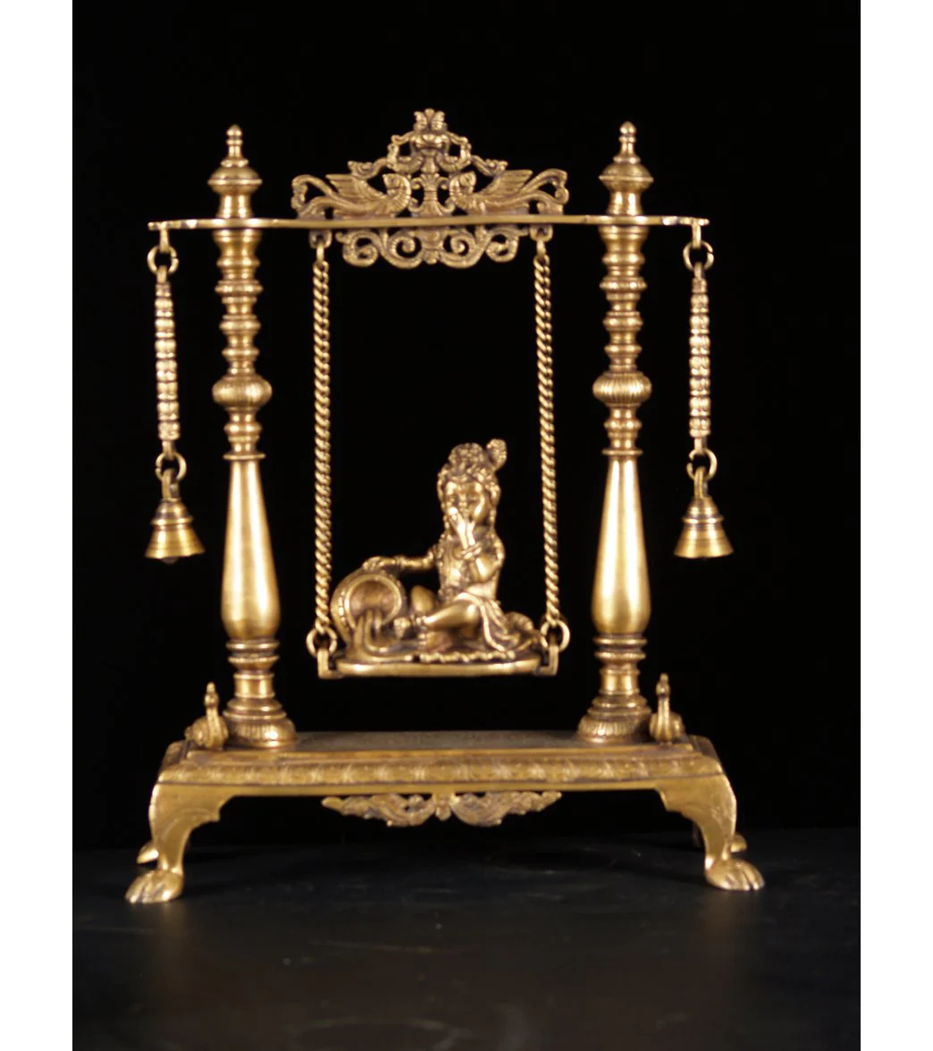 Lotus Sculpture Brass Butter Krishna On Swing 16" - Image 2