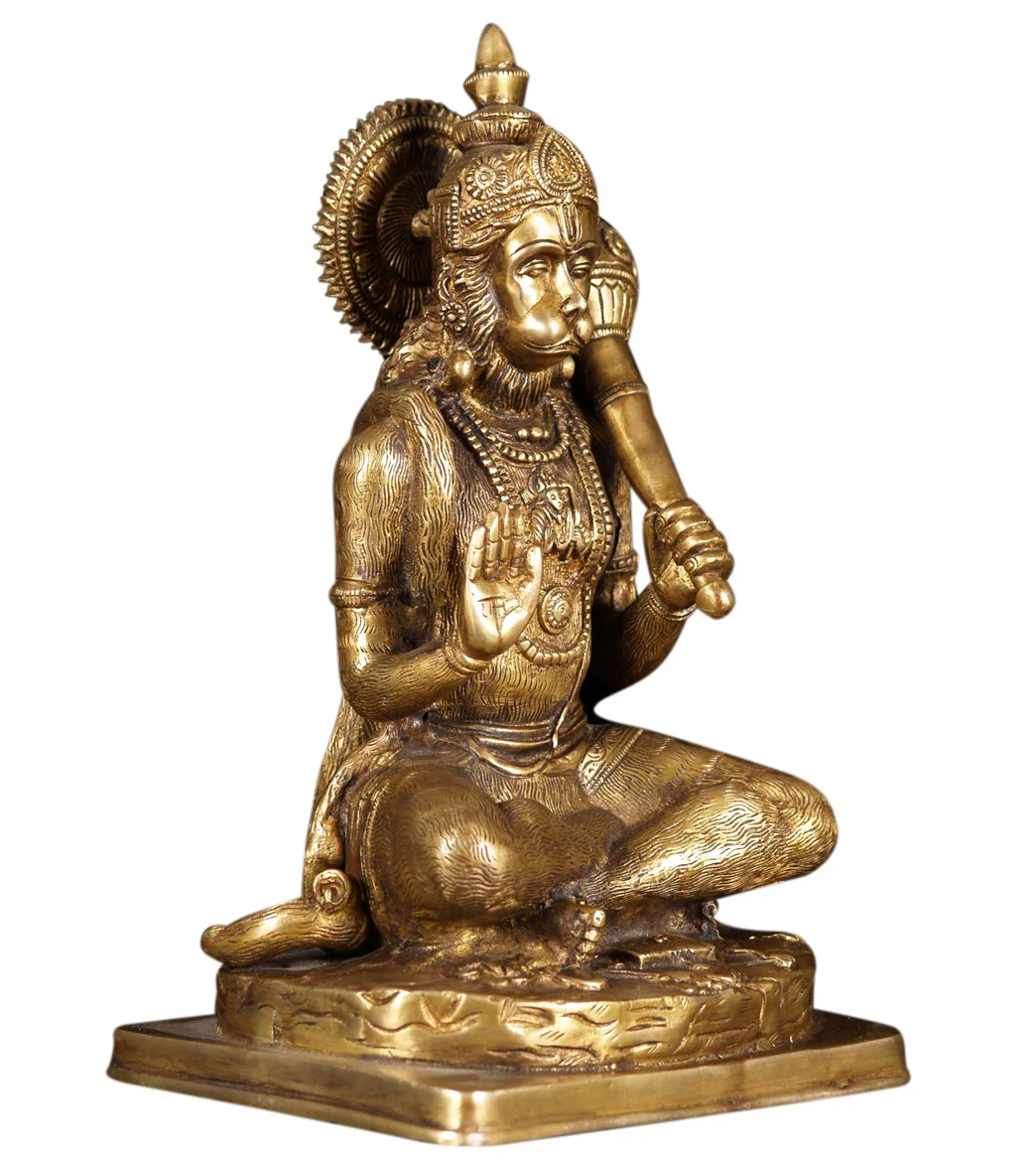 Lotus Sculpture Brass Hanuman Holding Club 11" - Image 2
