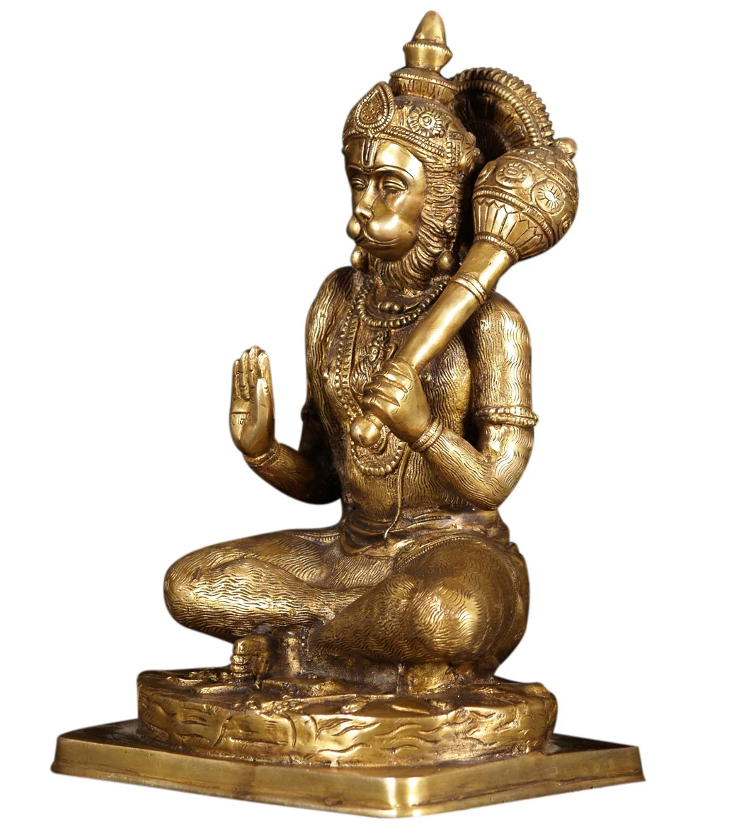 Lotus Sculpture Brass Hanuman Holding Club 11" - Image 3