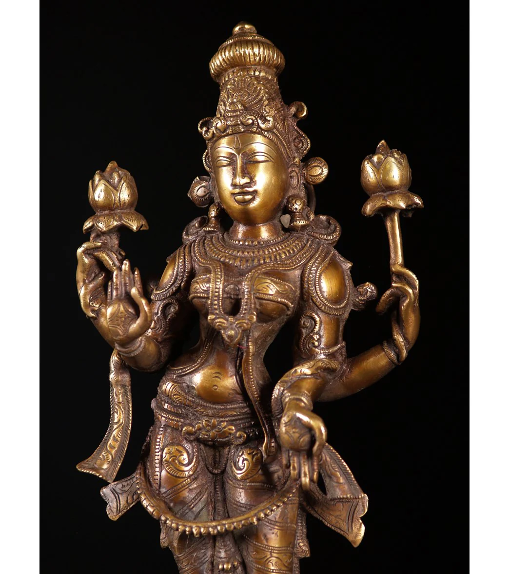Lotus Sculpture Brass Standing Lakshmi with 2 Lotus Flowers 19" - Image 5