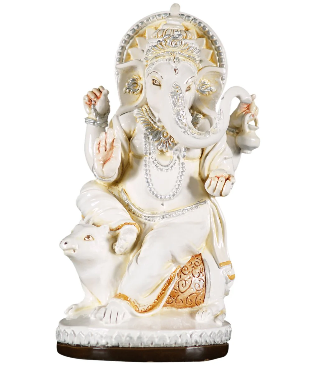 Lotus Sculpture Fiber Ivory Ganesh Statue 11"