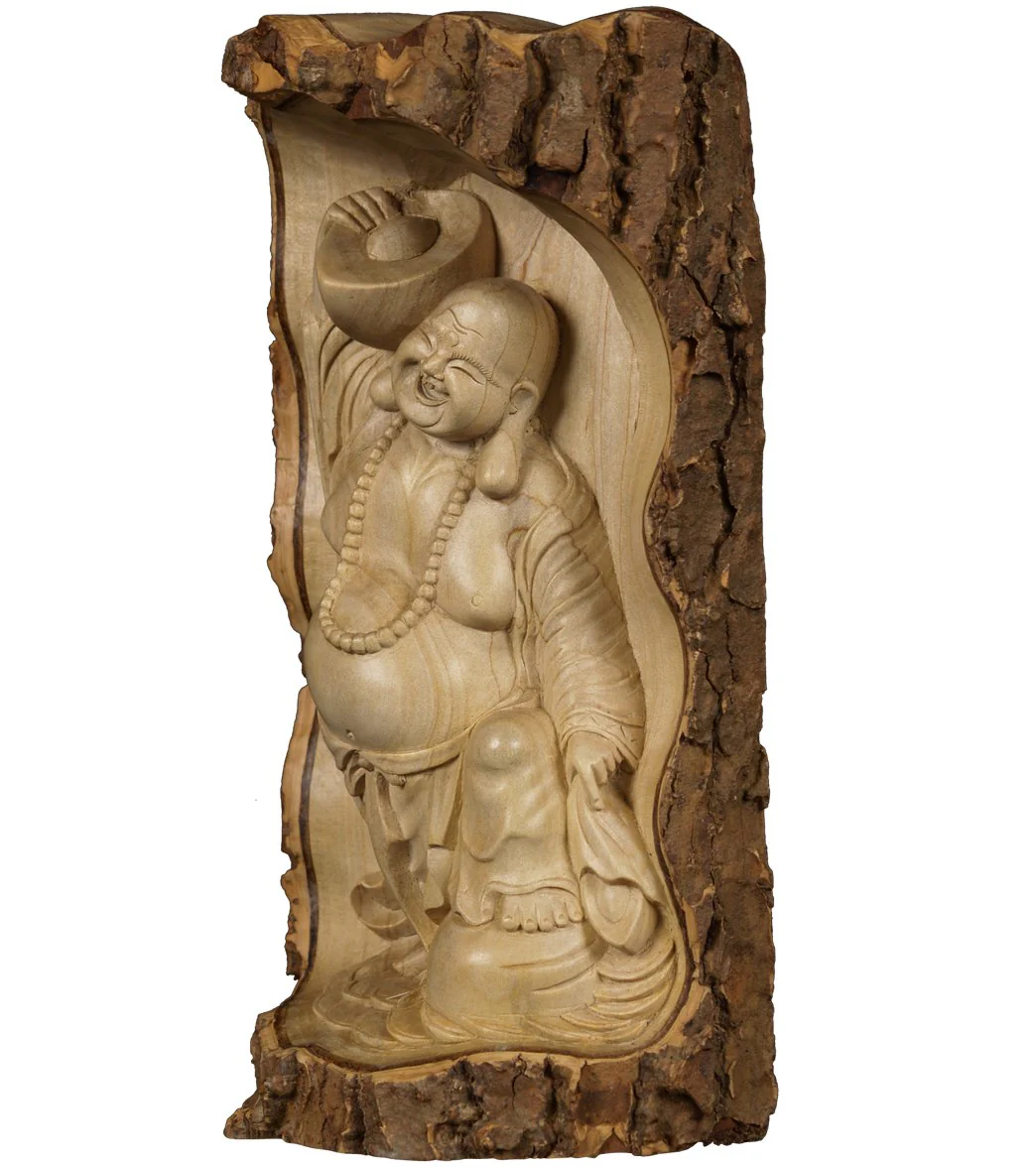 Lotus Sculpture Happy Buddha Wood Wall Hanging 11" - Image 3