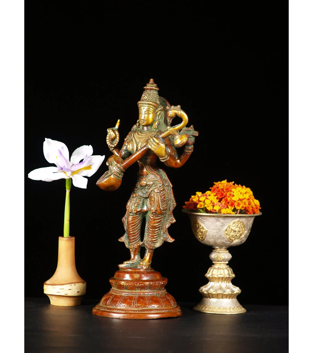Lotus Sculpture Saraswati Standing With Veena 11" - Image 3