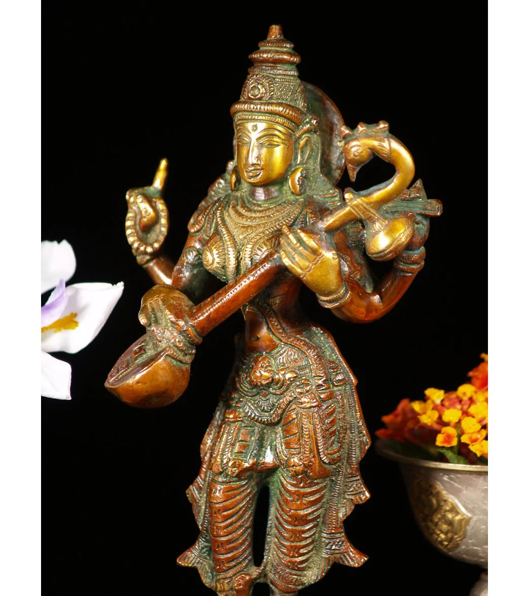 Lotus Sculpture Saraswati Standing With Veena 11" - Image 4