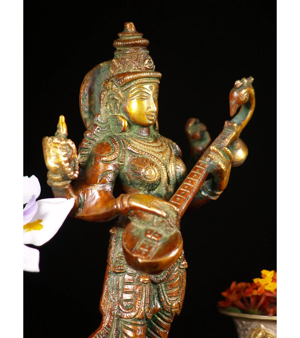 Lotus Sculpture Saraswati Standing With Veena 11" - Image 6