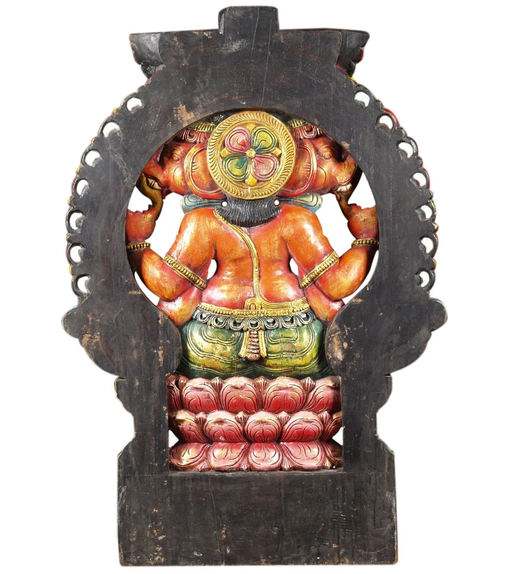 Lotus Sculpture Wood Trimukha Ganapathi Statue 48" - Image 2