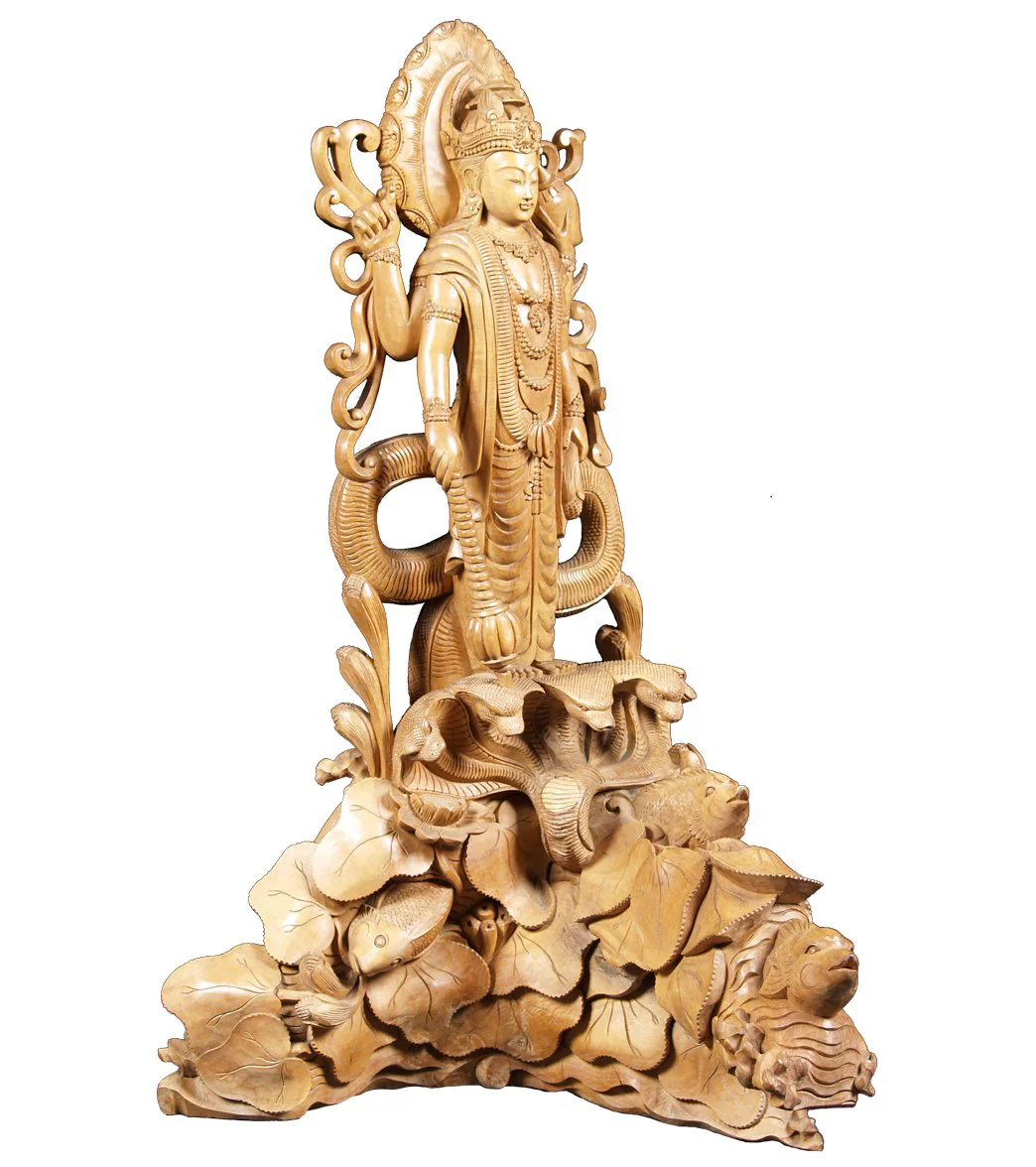 Lotus Sculpture Wood Vishnu & Ananta Sesha Statue 32" - Image 2