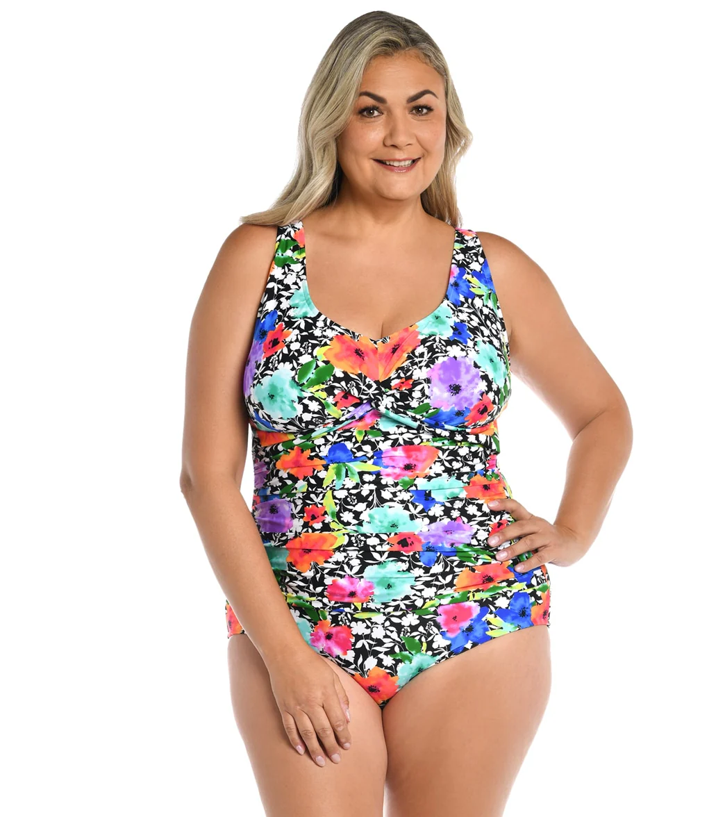 Maxine Women's Plus Size Pop Petals Twist Front One Piece Swimsuit