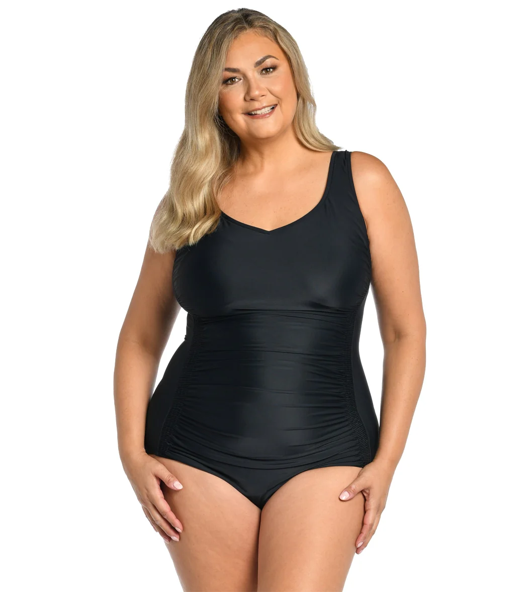 Maxine Women's Plus Size Solid Over The Shoulder One Piece Swimsuit - Image 6