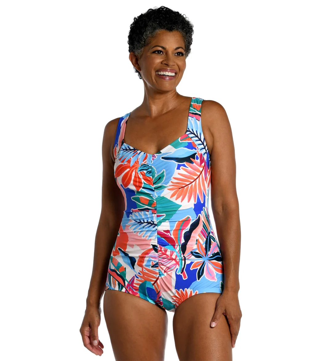 Maxine Women's Tropical Abstraction Shirred Front Girl Leg One Piece Swimsuit - Image 6