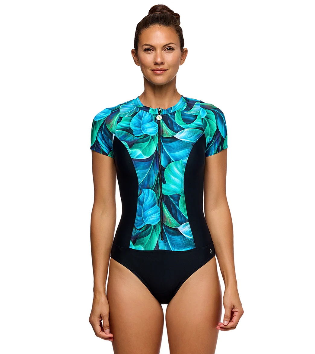 Next by Athena Women's Malibu Curacao Palms Zip Short Sleeve One Piece Swimsuit