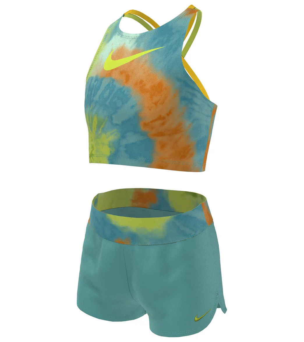Nike Girls' Tie Dye Spiderback Two Piece Mid Bikini Set (Big Kid)