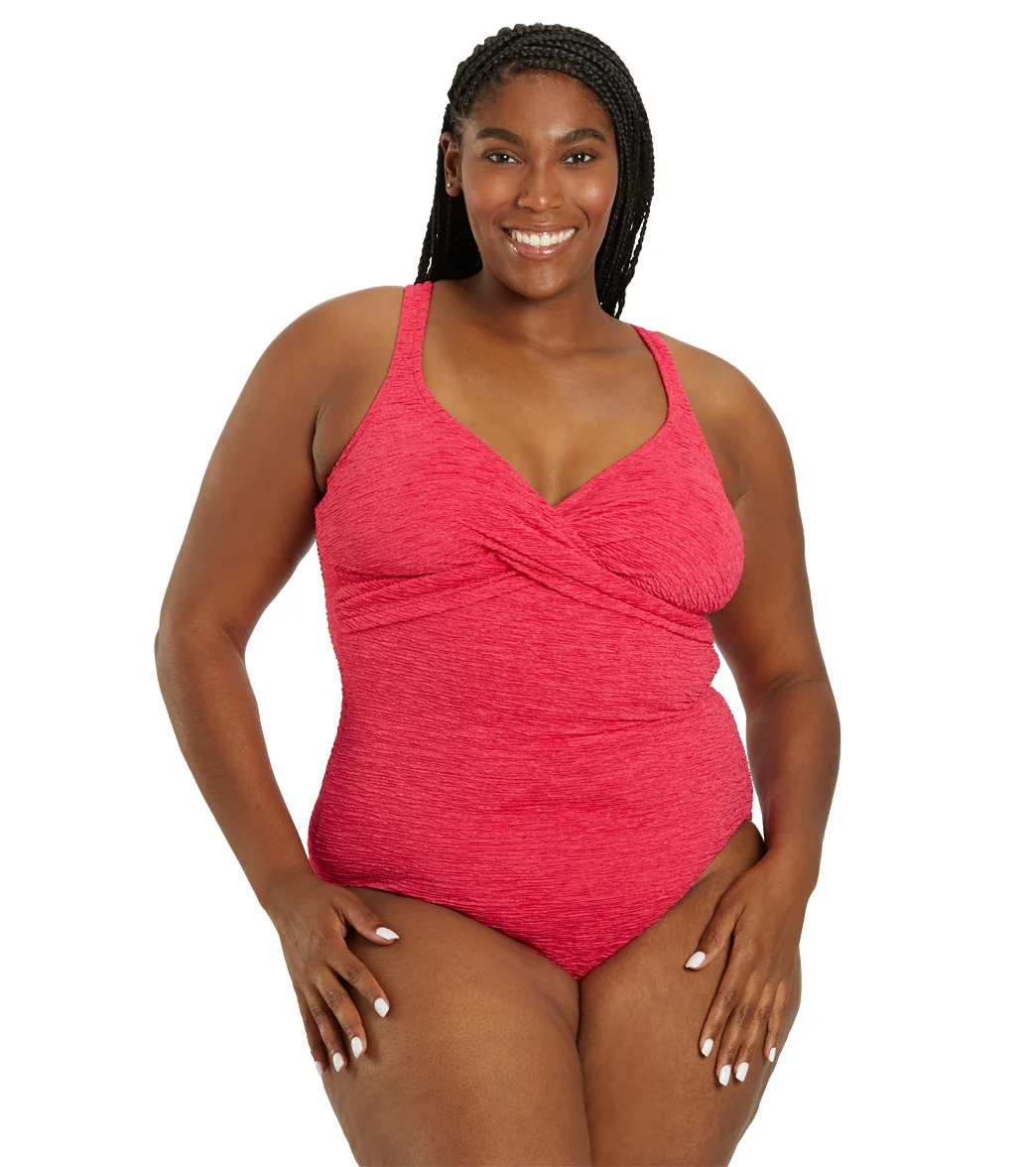 Penbrooke Krinkle Women's Plus Size Chlorine Resistant Twist Front Long Torso One Piece Swimsuit - Image 27