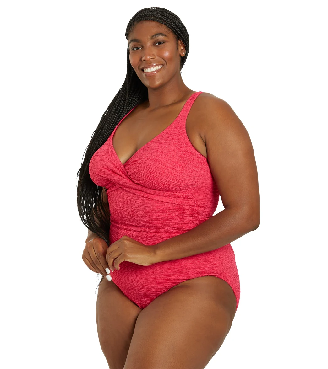 Penbrooke Krinkle Women's Plus Size Chlorine Resistant Twist Front Long Torso One Piece Swimsuit - Image 5