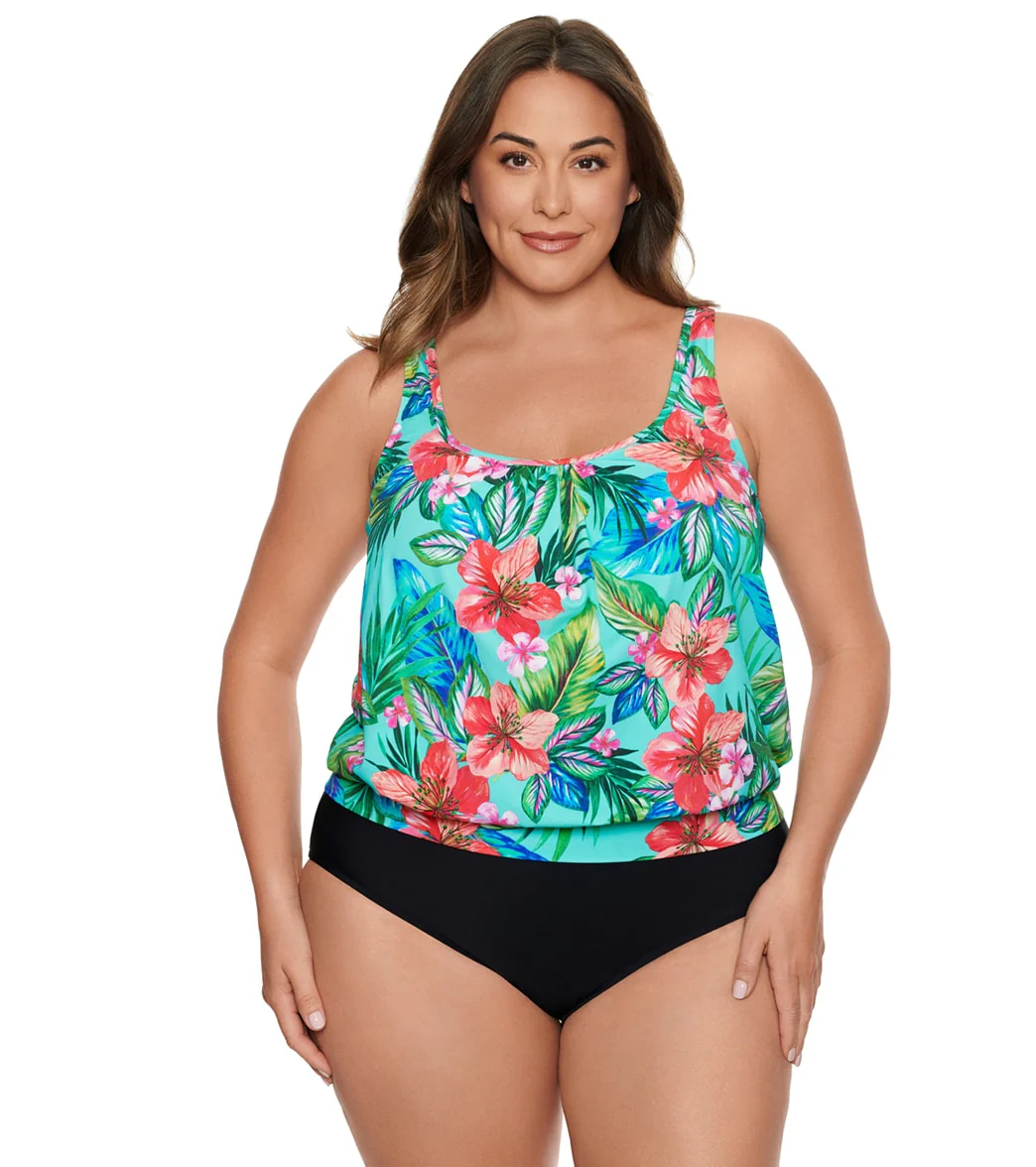 Penbrooke Women's Plus Size Taste of Tropic Shirred Neck Blouson Tankini Top - Image 6