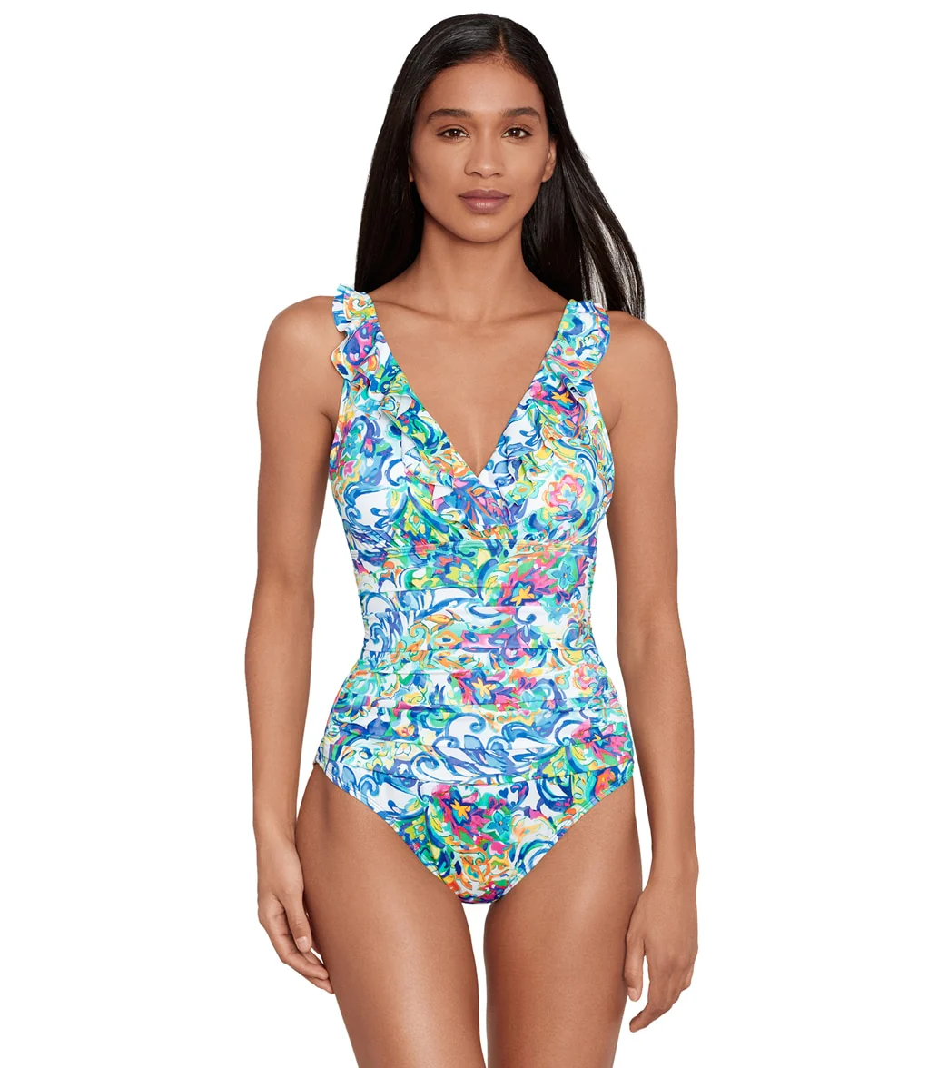Ralph Lauren Women's Watercolor Paisley Ruffle Surplice One Piece Swimsuit