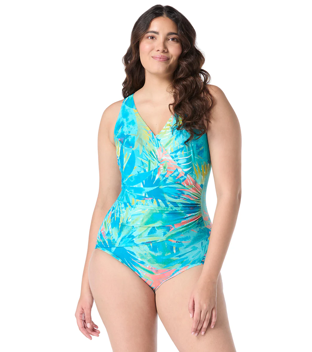 Roxanne Women's Chlorine Resistant Bra Sized Paradise Palm Surplice One Piece Swimsuit (D/DD Cup) - Image 4