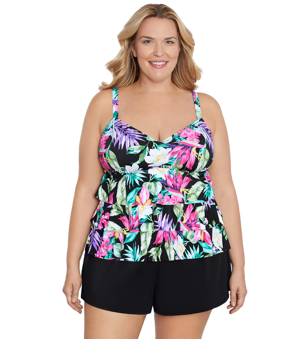 Shape Solver By Penbrooke Women's Plus Mystic Tropic Triple Tier Tankini Top - Image 5