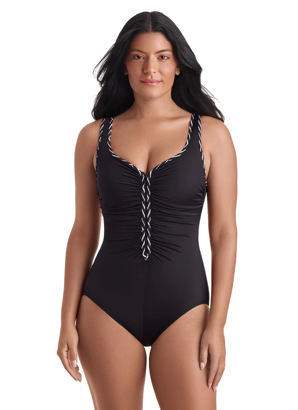 Shape Solver SPORT Shape Solver Sport Women's In Graphic Details Shirred Zipper Tank One Piece Swimsuit - Image 7