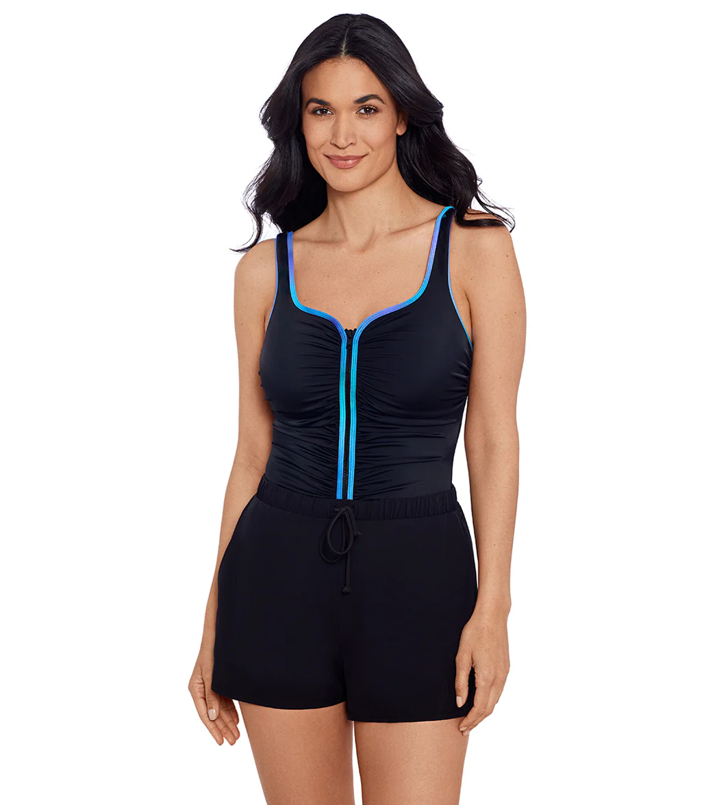 Shape Solver SPORT Women's Colorful Behavior Shirred Zipper Swim Romper - Image 6