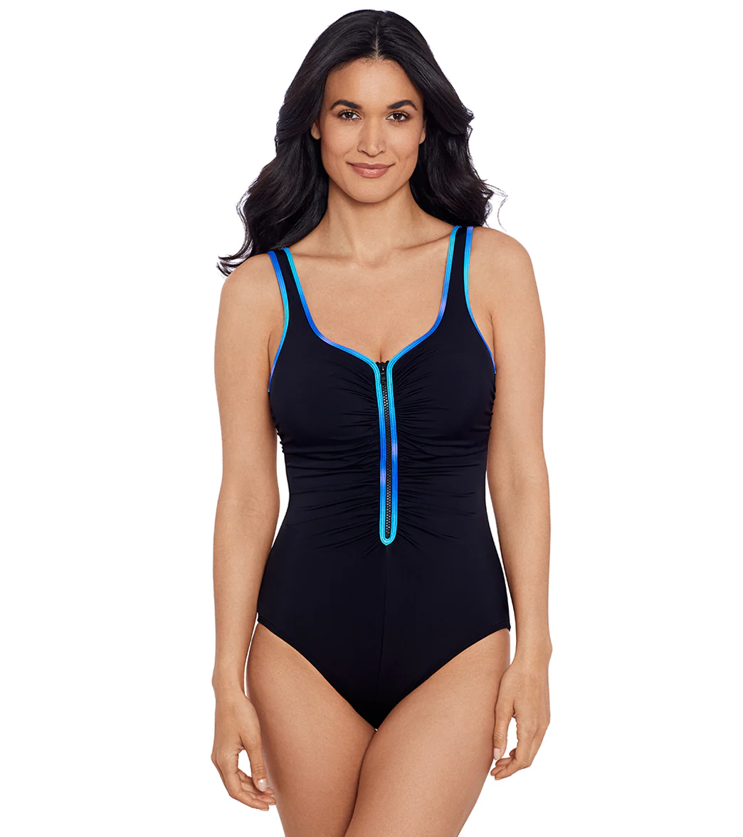 Shape Solver SPORT Women's Colorful Behavior Shirred Zipper Tank One Piece Swimsuit