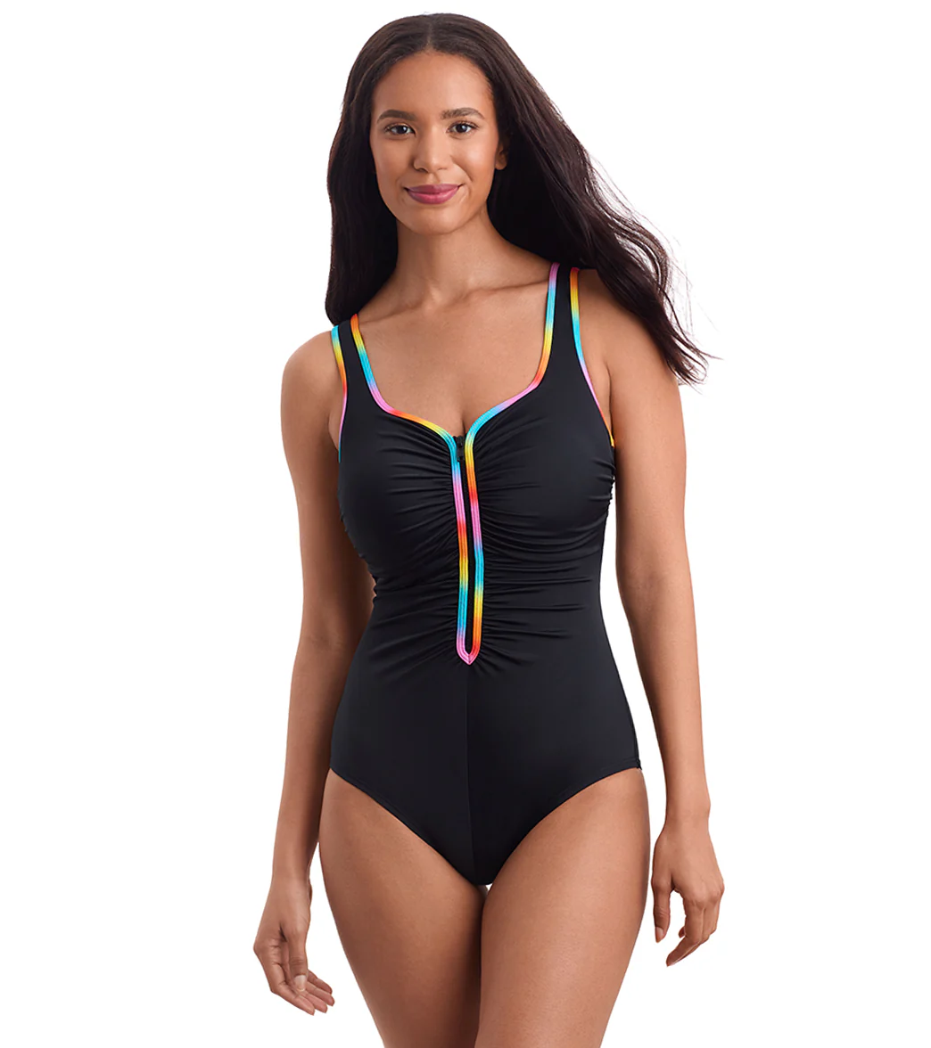 Shape Solver SPORT Women's Shirred Zipper Tank One Piece Swimsuit - Image 11