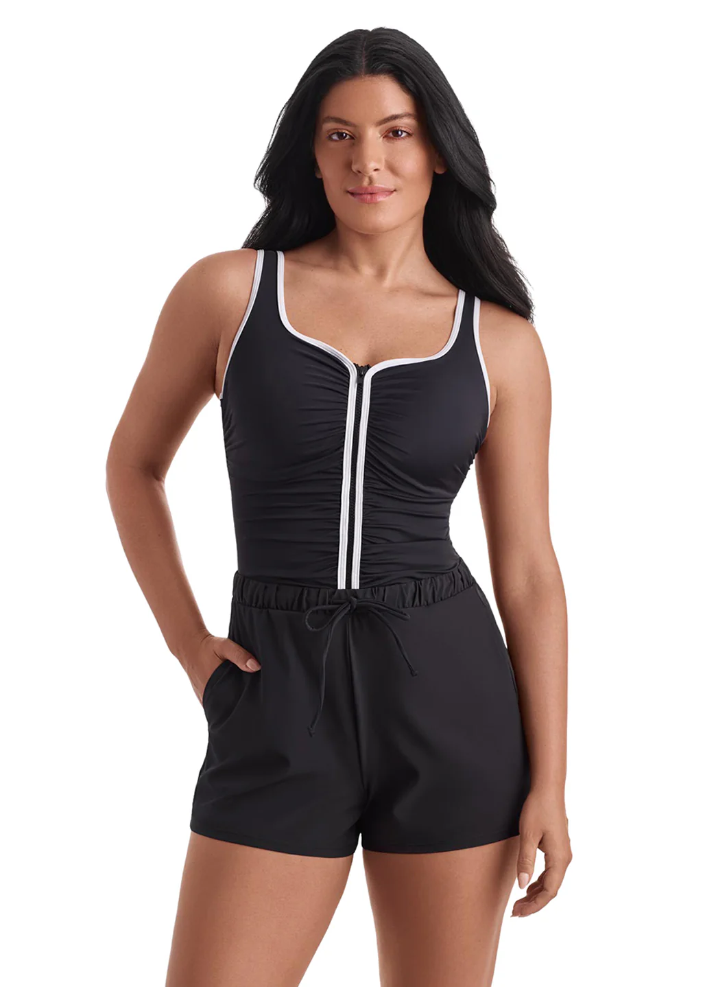 Shape Solver SPORT Women's Solids Shirred Zipper Runaround One Piece Swimsuit - Image 2