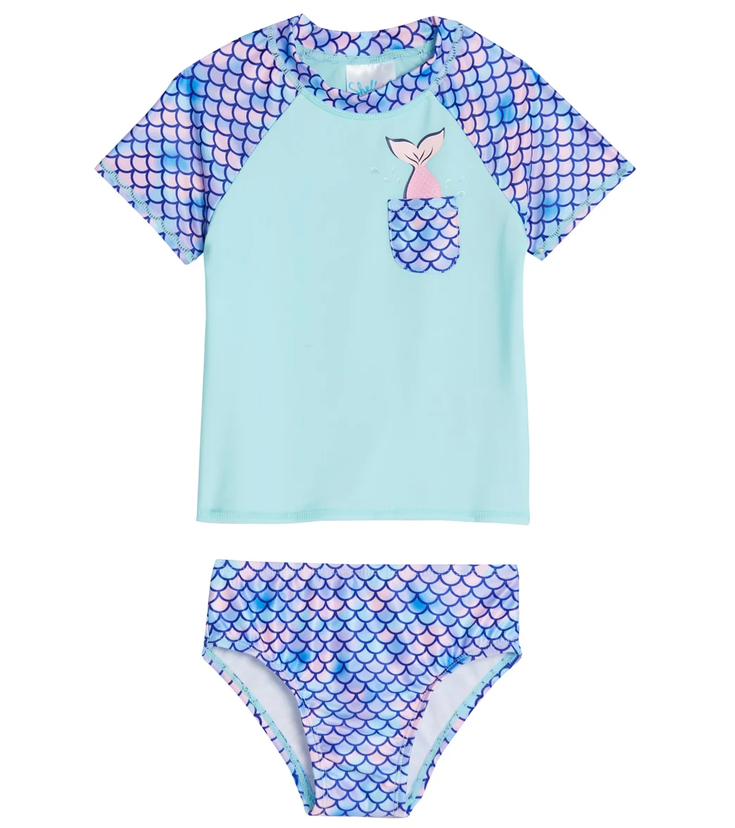 Shelloha Girls' Pocket Mermaid Two Piece Short Sleeve Rashguard Set with Hat (Baby, Toddler)