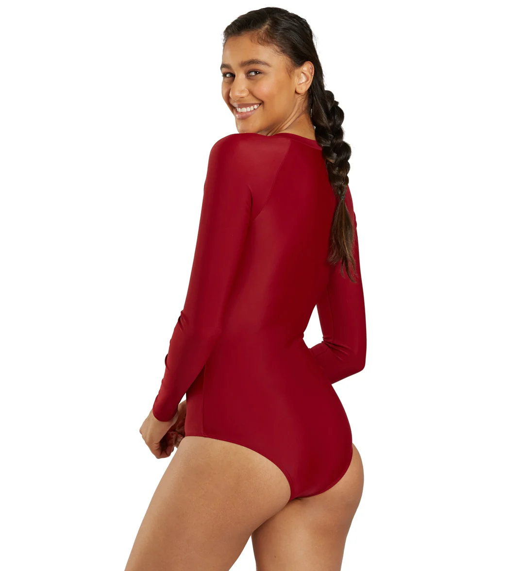 Sporti Active Solid Zip Front Long Sleeve One Piece Swimsuit - Image 5