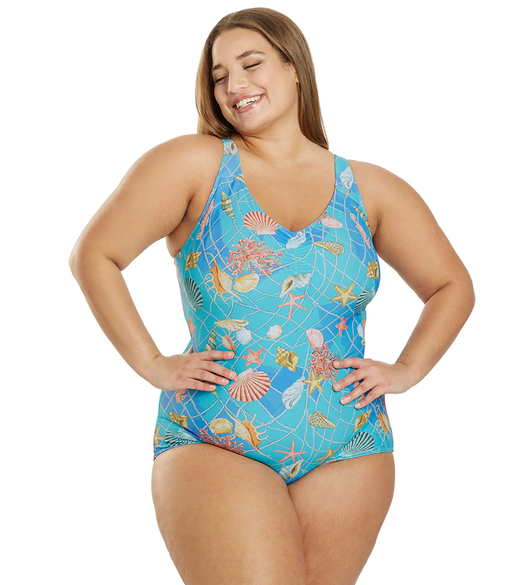 Sporti Plus Size Caribbean Sea Conservative Printed Girl Leg One Piece Swimsuit - Image 6