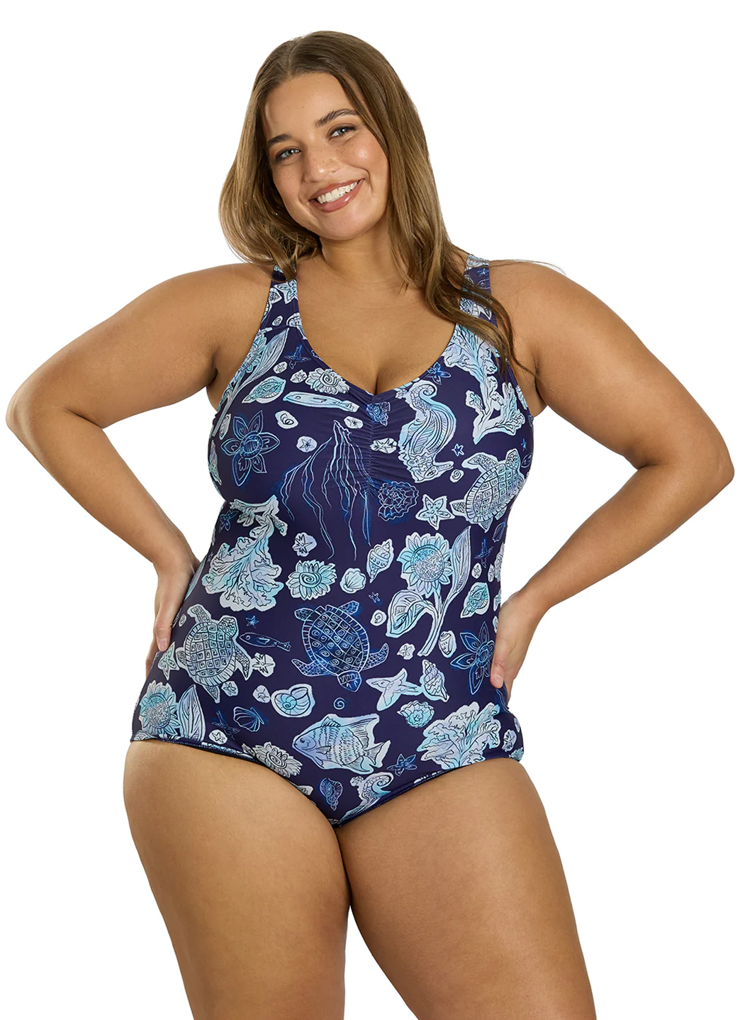Sporti Plus Size Neptune's Reef Conservative Printed Girl Leg One Piece Swimsuit - Image 2